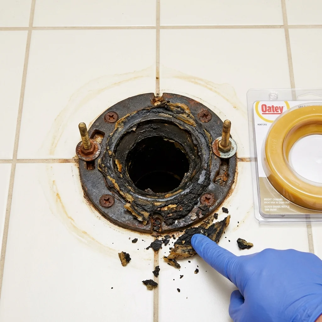 Failed wax ring showing water seepage at the base of a toilet in a Jefferson, ME home