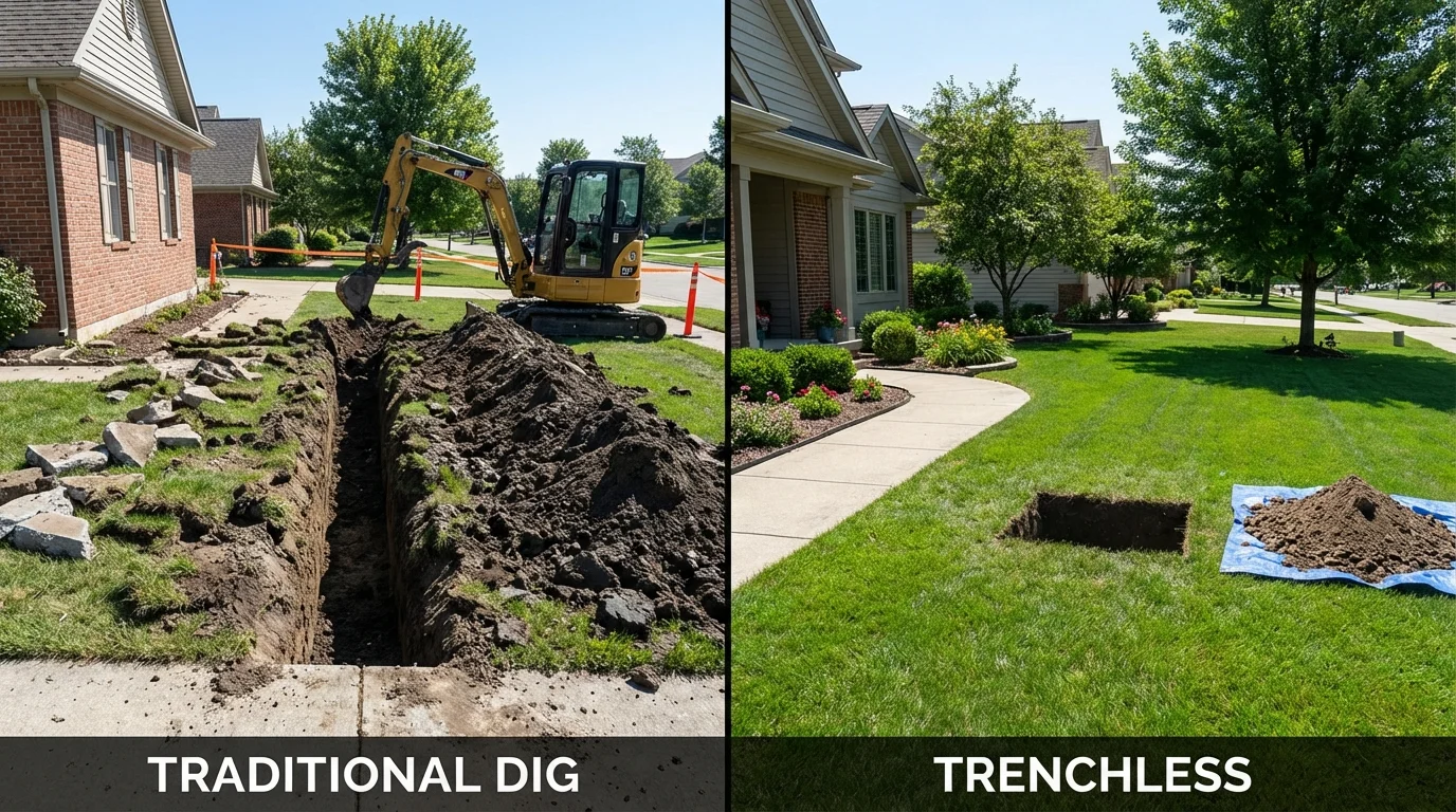 Trenchless sewer repair with minimal yard damage versus traditional excavation in Jefferson, ME
